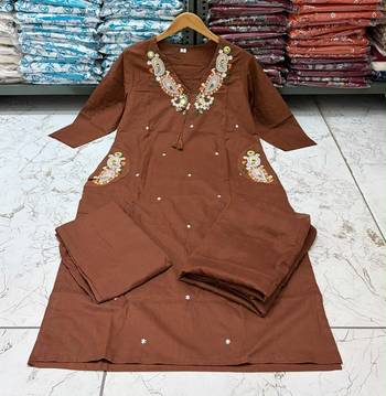 Brown cotton embroidered thread work ethnic kurta set with dupatta 2