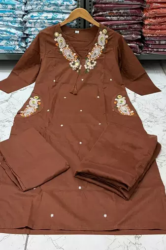 Brown cotton embroidered thread work ethnic kurta set with dupatta