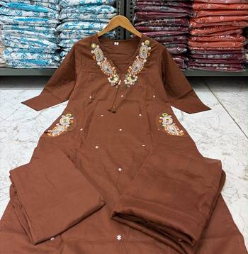 Brown cotton embroidered thread work ethnic kurta set with dupatta 3