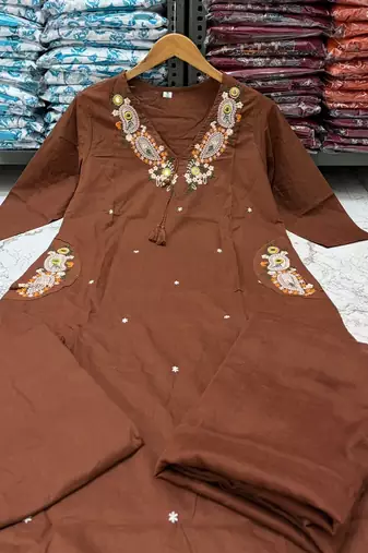 Brown cotton embroidered thread work ethnic kurta set with dupatta