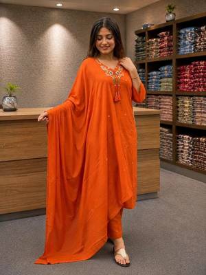 Orange cotton embroidered thread work ethnic kurta set with dupatta 1