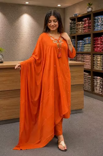 Orange cotton embroidered thread work ethnic kurta set with dupatta