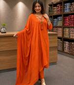Orange cotton embroidered thread work ethnic kurta set with dupatta