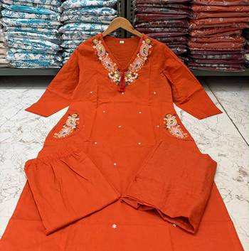Orange cotton embroidered thread work ethnic kurta set with dupatta 2