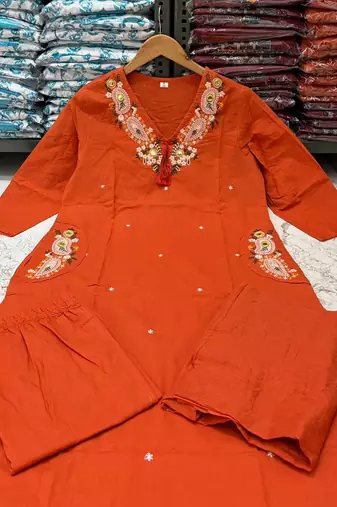Orange cotton embroidered thread work ethnic kurta set with dupatta