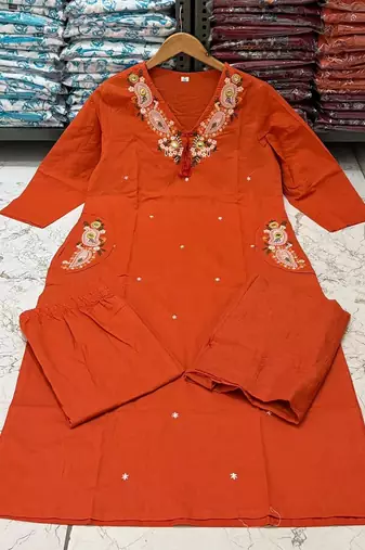 Orange cotton embroidered thread work ethnic kurta set with dupatta