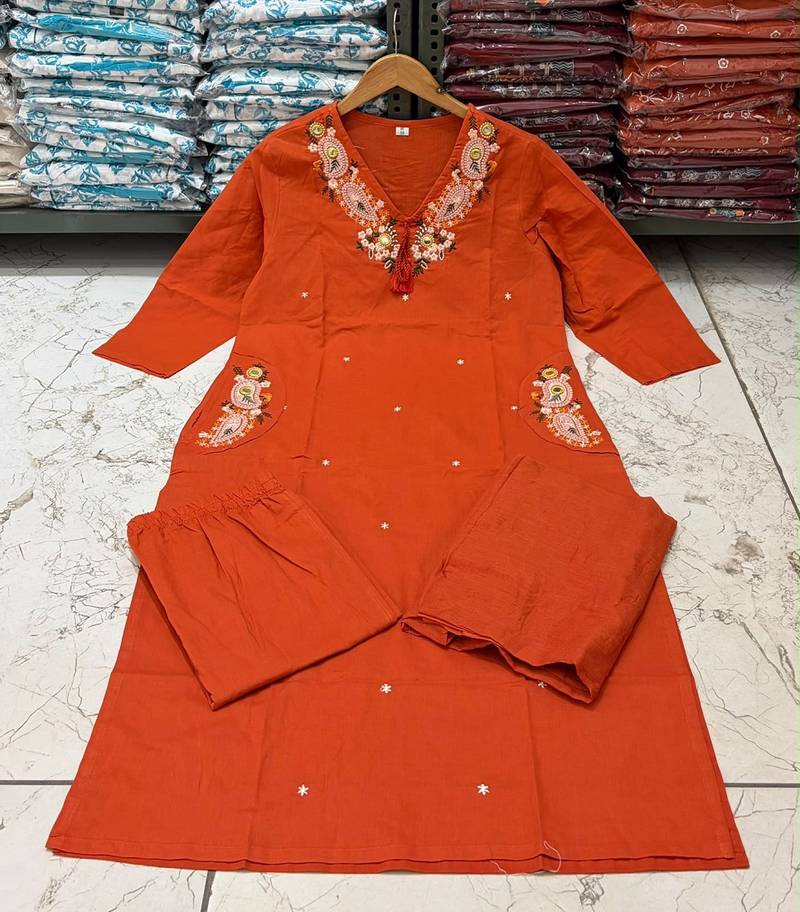 Orange cotton embroidered thread work ethnic kurta set with dupatta