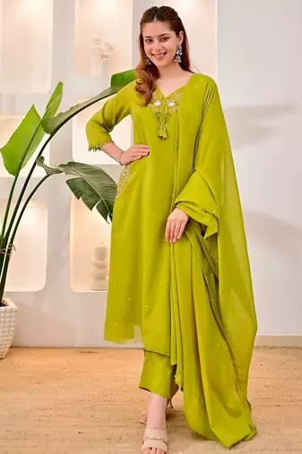 Green cotton embroidered thread work ethnic kurta set with dupatta