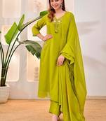 Green cotton embroidered thread work ethnic kurta set with dupatta