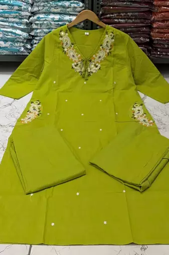 Green cotton embroidered thread work ethnic kurta set with dupatta
