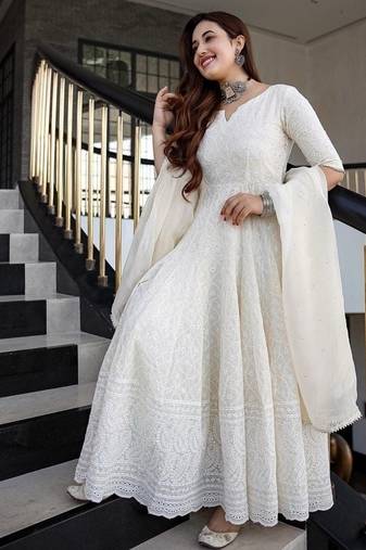 White cotton plain chikankari long kurta with dupatta