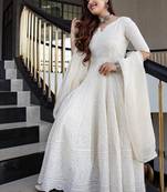 White cotton plain chikankari long kurta with dupatta