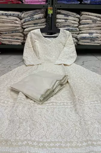 White cotton plain chikankari long kurta with dupatta