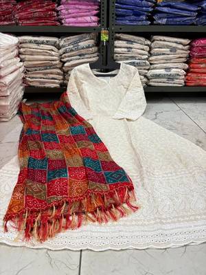 White cotton plain chikankari long kurta with dupatta 1