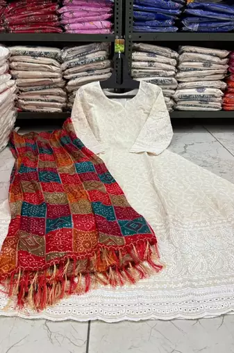 White cotton plain chikankari long kurta with dupatta