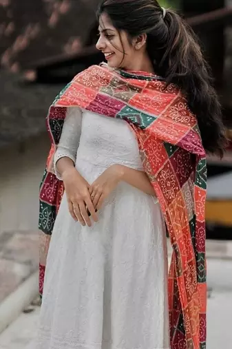 White cotton plain chikankari long kurta with dupatta