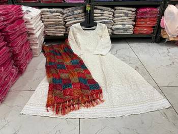 White cotton plain chikankari long kurta with dupatta 3