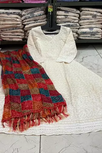 White cotton plain chikankari long kurta with dupatta