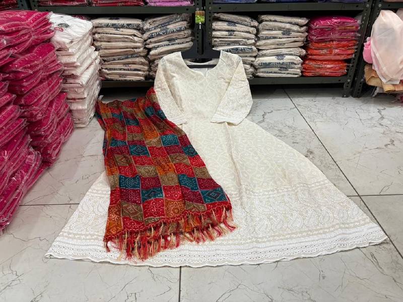 White cotton plain chikankari long kurta with dupatta