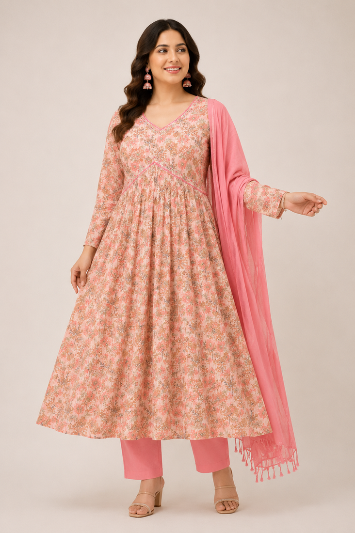 Pink printed nayra cut set