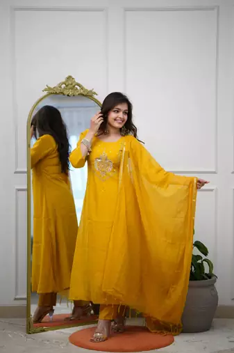  Chanderi Embroidery Work Flared Kurta Pant and Dupatta Set