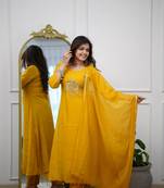  Chanderi Embroidery Work Flared Kurta Pant and Dupatta Set