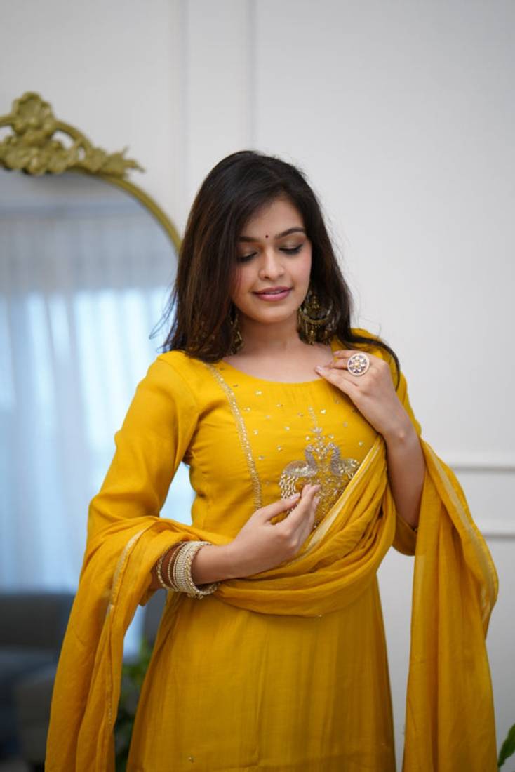  Chanderi Embroidery Work Flared Kurta Pant and Dupatta Set