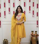  Chanderi Embroidery Work Flared Kurta Pant and Dupatta Set