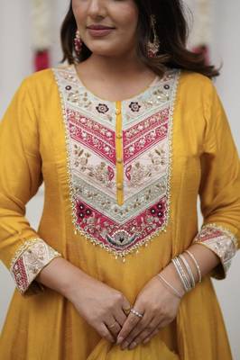  Chanderi Embroidery Work Flared Kurta Pant and Dupatta Set 2