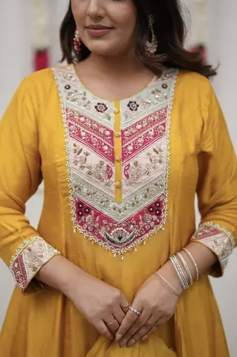  Chanderi Embroidery Work Flared Kurta Pant and Dupatta Set