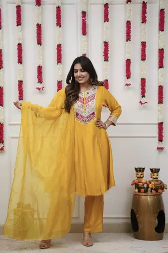  Chanderi Embroidery Work Flared Kurta Pant and Dupatta Set