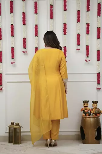  Chanderi Embroidery Work Flared Kurta Pant and Dupatta Set
