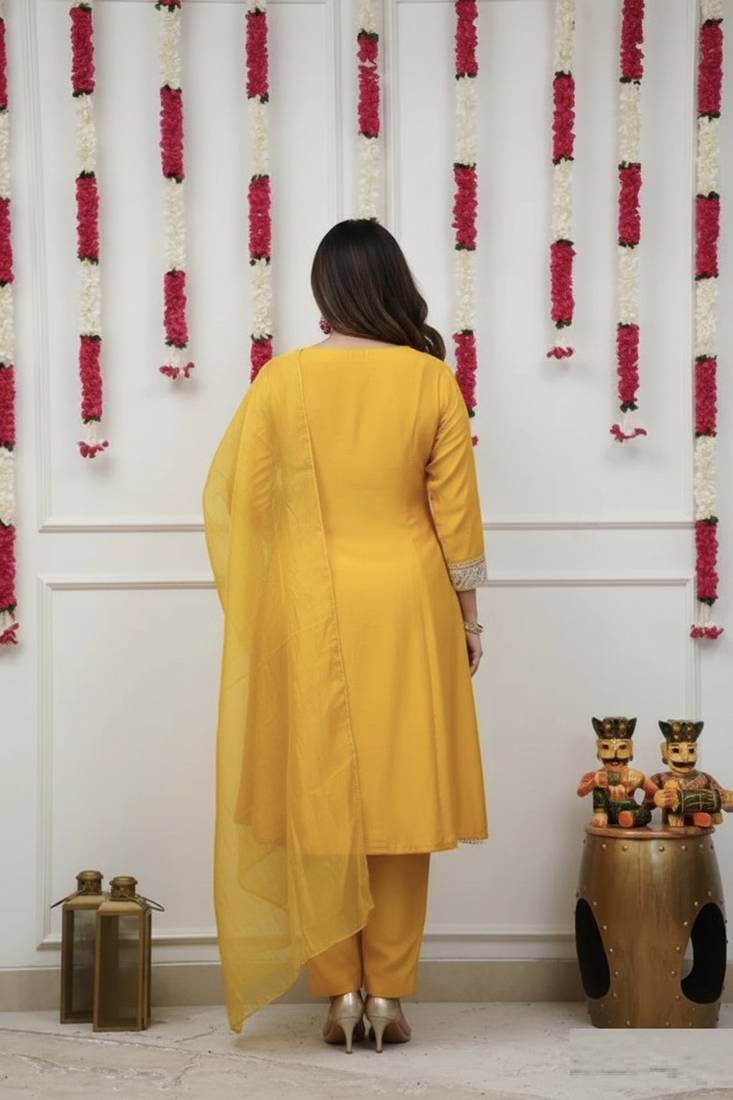  Chanderi Embroidery Work Flared Kurta Pant and Dupatta Set