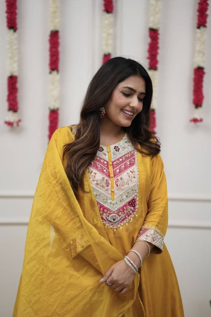  Chanderi Embroidery Work Flared Kurta Pant and Dupatta Set