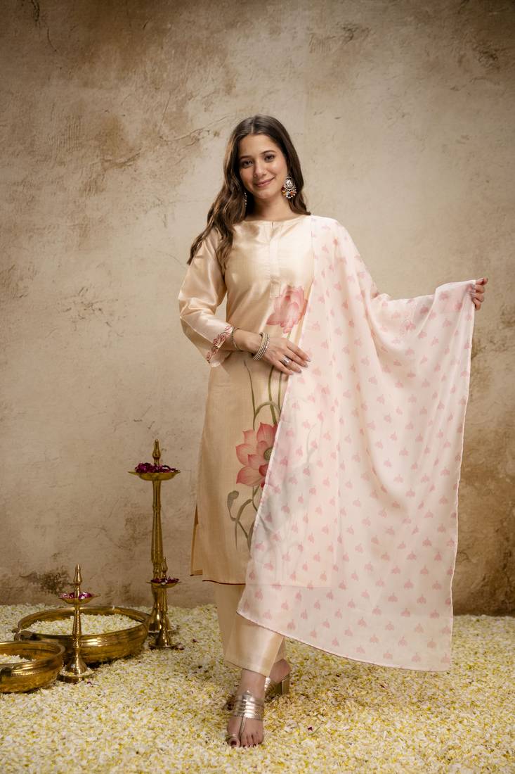  Soft Aasam Printed Work Straight Shape Kurta Pant and Dupatta Set