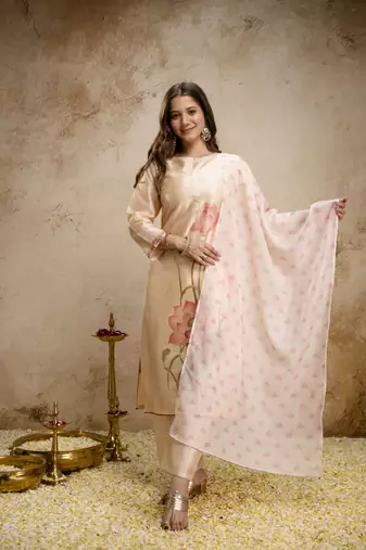  Soft Aasam Printed Work Straight Shape Kurta Pant and Dupatta Set