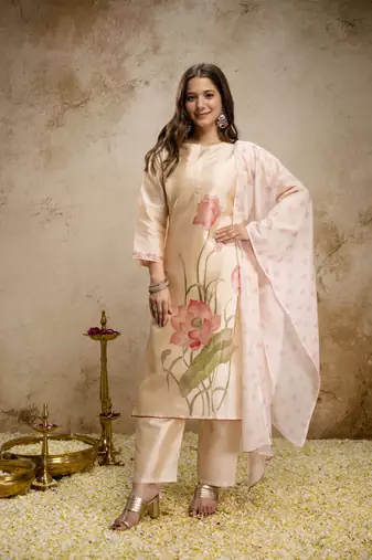  Soft Aasam Printed Work Straight Shape Kurta Pant and Dupatta Set
