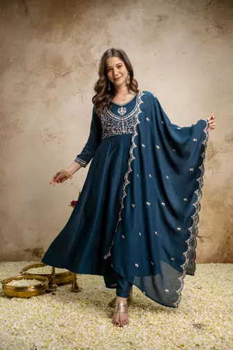  Vichitra Silk Embroidery Work Flared Shape Anarkali Pant and Dupatta Set