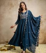  Vichitra Silk Embroidery Work Flared Shape Anarkali Pant and Dupatta Set