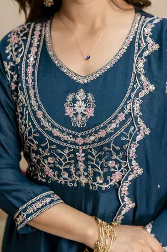  Vichitra Silk Embroidery Work Flared Shape Anarkali Pant and Dupatta Set