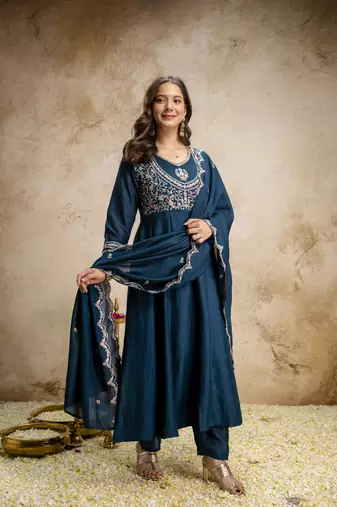  Vichitra Silk Embroidery Work Flared Shape Anarkali Pant and Dupatta Set