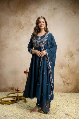  Vichitra Silk Embroidery Work Flared Shape Anarkali Pant and Dupatta Set 5