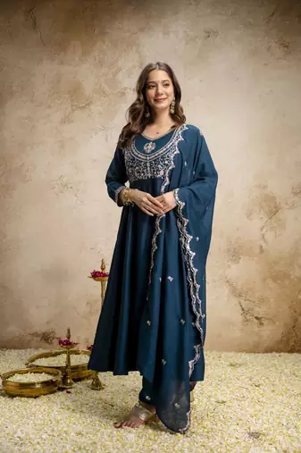  Vichitra Silk Embroidery Work Flared Shape Anarkali Pant and Dupatta Set