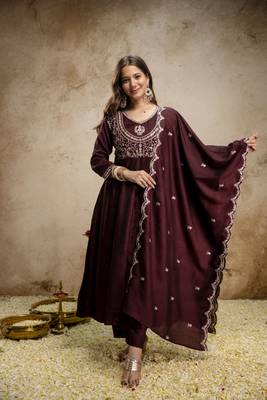  Vichitra Silk Embroidery Work Flared Shape Anarkali Pant and Dupatta Set 1