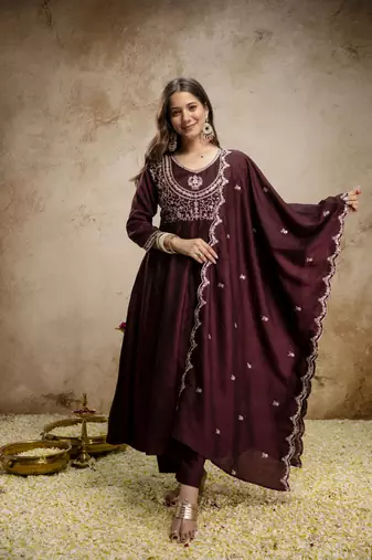  Vichitra Silk Embroidery Work Flared Shape Anarkali Pant and Dupatta Set