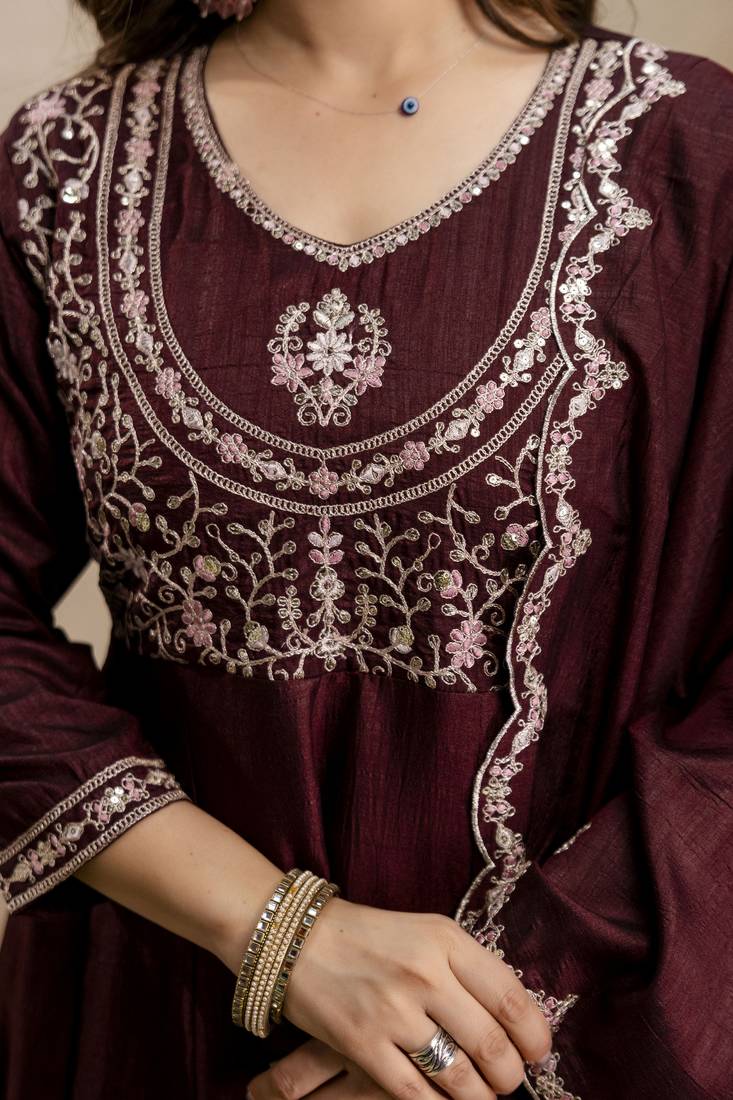  Vichitra Silk Embroidery Work Flared Shape Anarkali Pant and Dupatta Set
