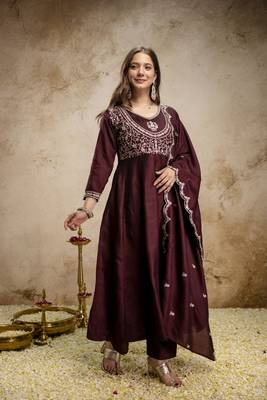  Vichitra Silk Embroidery Work Flared Shape Anarkali Pant and Dupatta Set 3