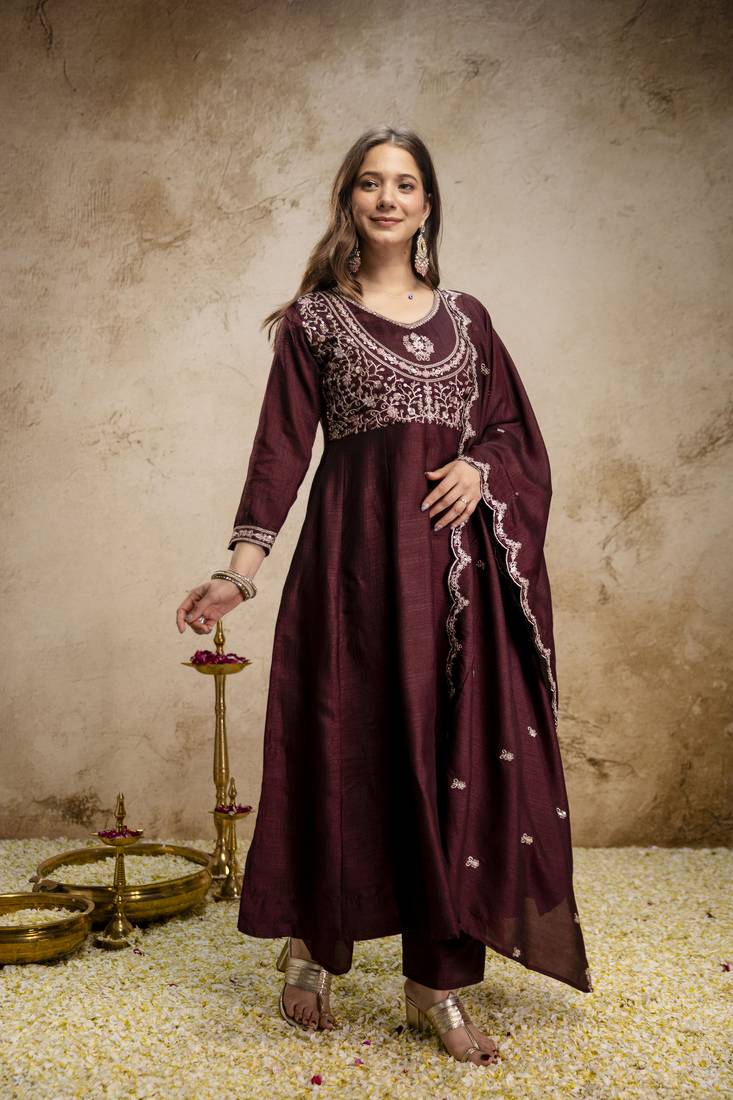  Vichitra Silk Embroidery Work Flared Shape Anarkali Pant and Dupatta Set