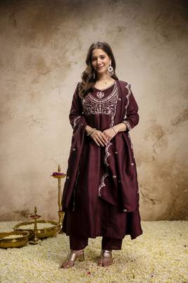  Vichitra Silk Embroidery Work Flared Shape Anarkali Pant and Dupatta Set 5