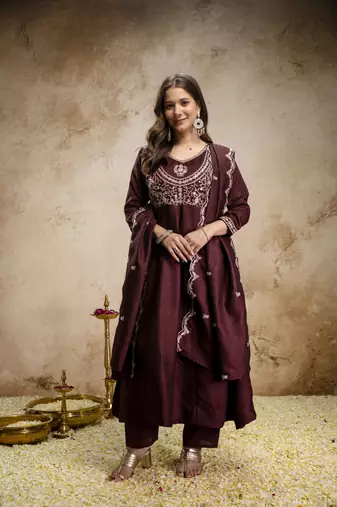  Vichitra Silk Embroidery Work Flared Shape Anarkali Pant and Dupatta Set
